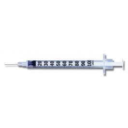 Insulin syringe  with permanently attached needle, 1 mL, 27 g x 0.625