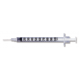 Insulin syringe  with permanently attached needle, 1mL, 31g x .3125